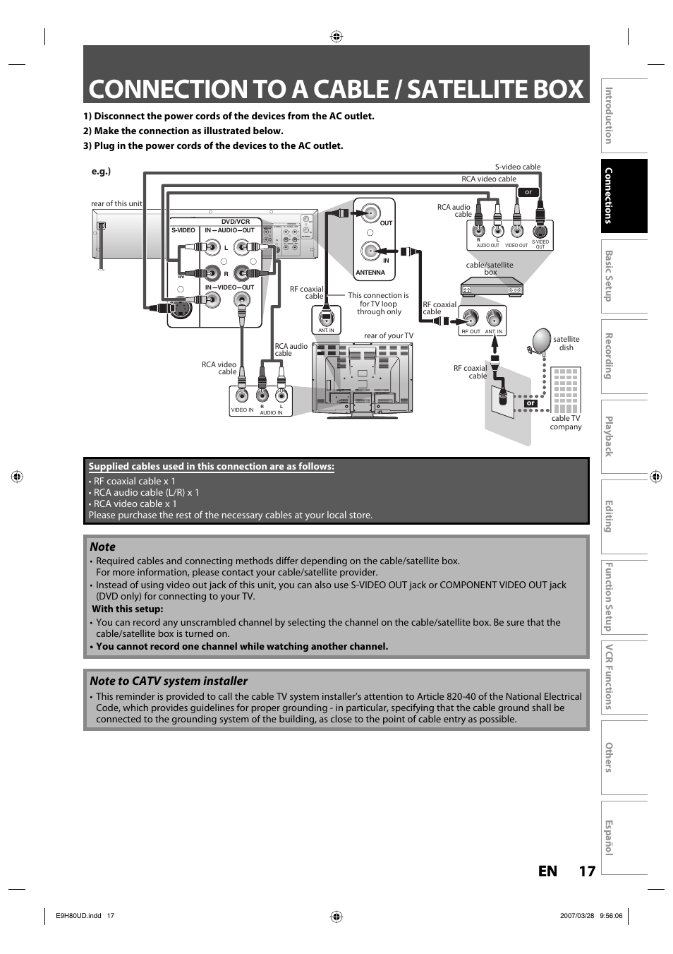 Connection to a cable / satellite box, 17 en 17 en, E.g.) | Philips Magnavox ZV450MW8A User Manual | Page 17 / 104