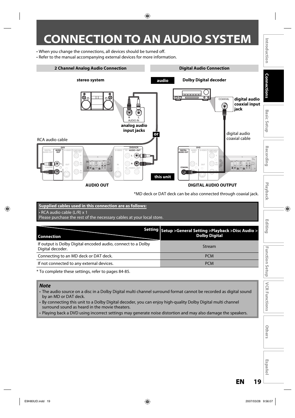 Connection to an audio system, 19 en 19 en | Philips Magnavox ZV450MW8A User Manual | Page 19 / 104