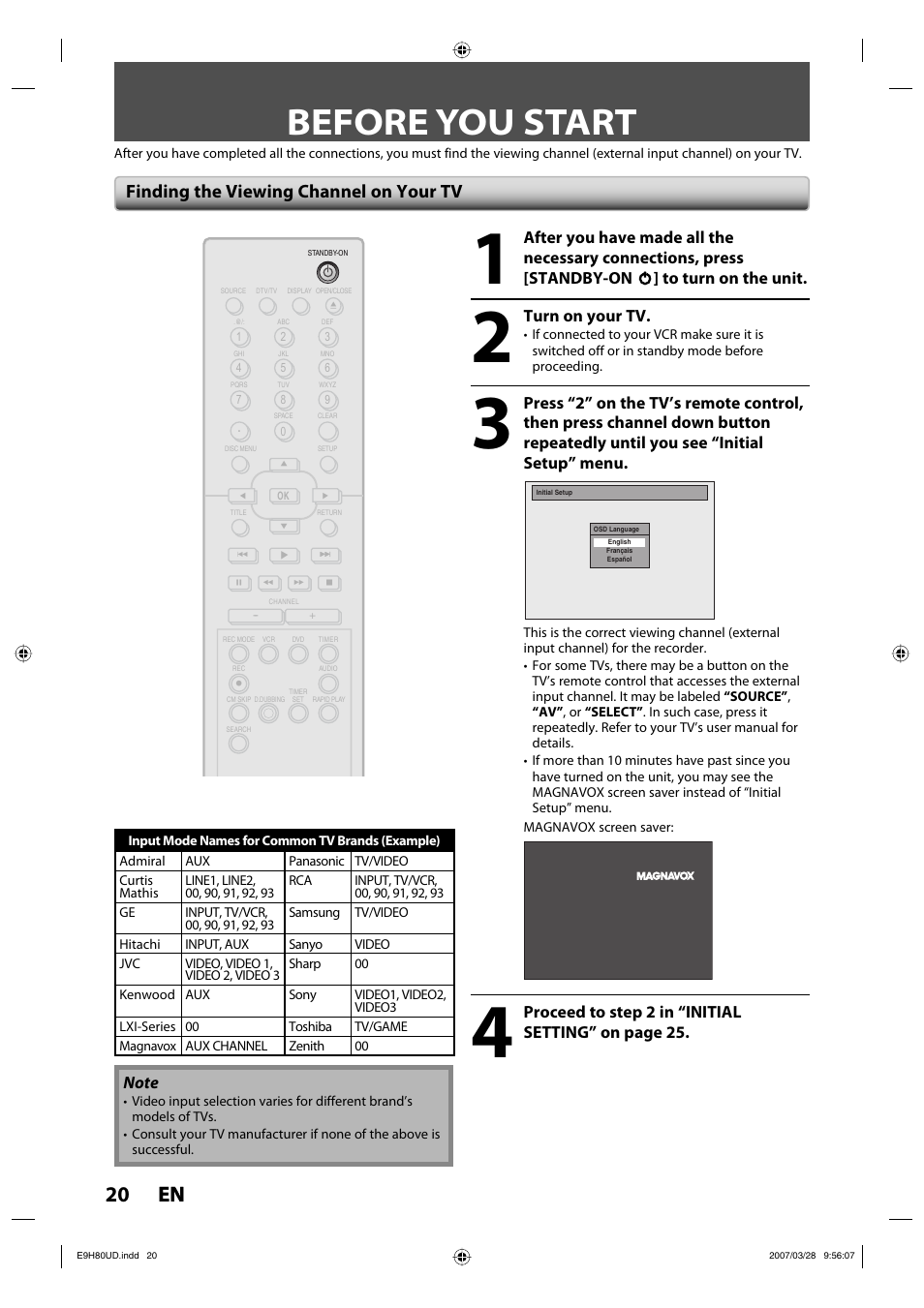 Before you start, 20 en 20 en, Finding the viewing channel on your tv | Philips Magnavox ZV450MW8A User Manual | Page 20 / 104