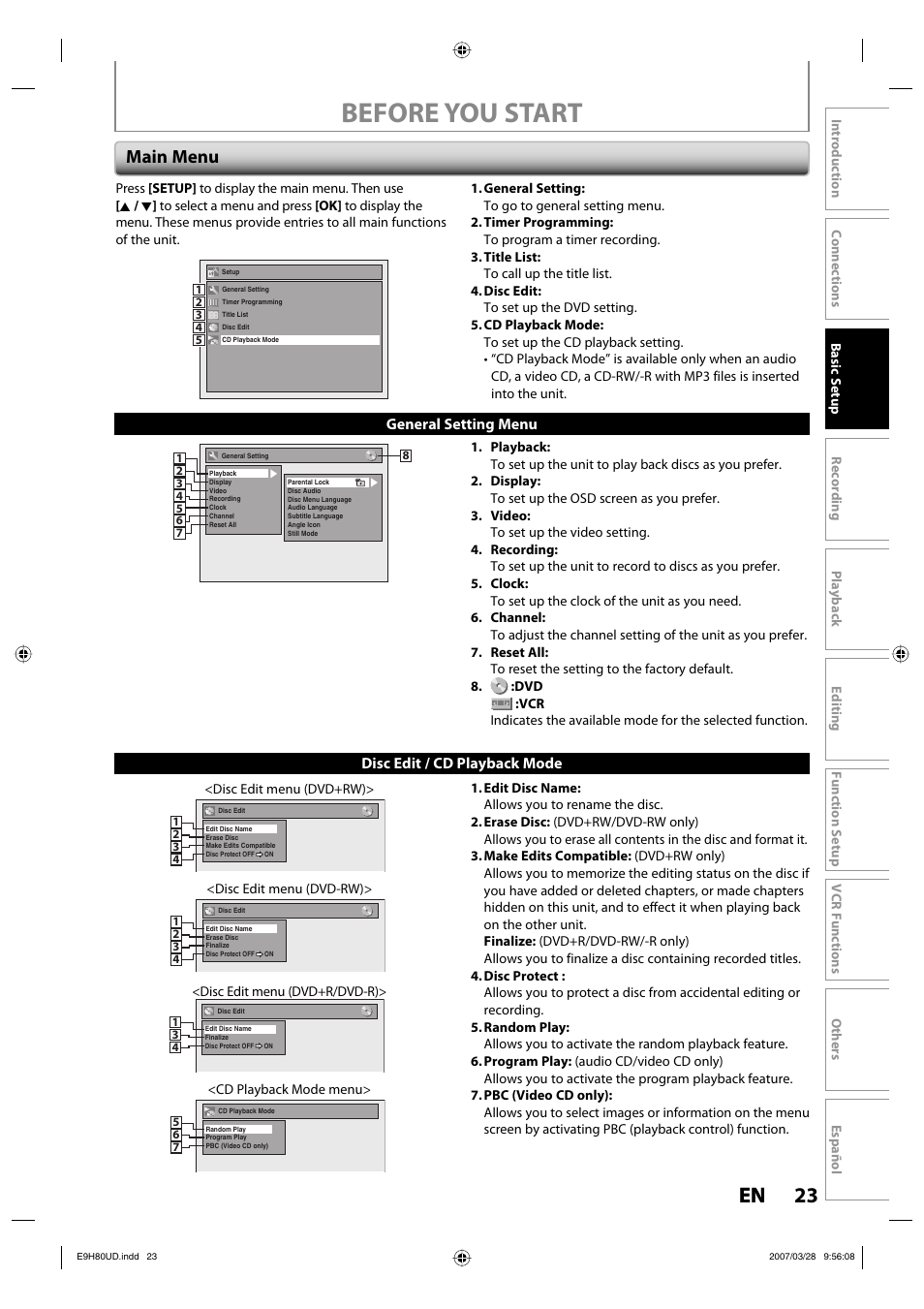 Before you start, 23 en 23 en, Main menu | Philips Magnavox ZV450MW8A User Manual | Page 23 / 104