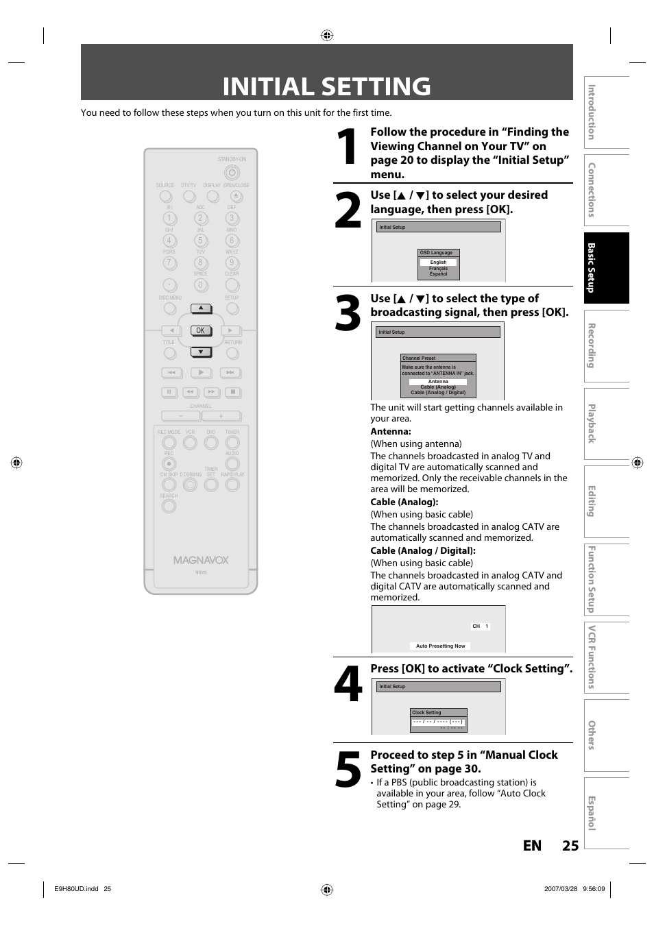 Initial setting, 25 en 25 en, Press [ok] to activate “clock setting | Philips Magnavox ZV450MW8A User Manual | Page 25 / 104