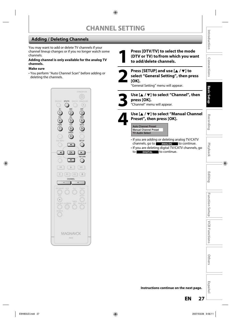 Channel setting, 27 en 27 en, Adding / deleting channels | Use [ k / l ] to select “channel”, then press [ok | Philips Magnavox ZV450MW8A User Manual | Page 27 / 104