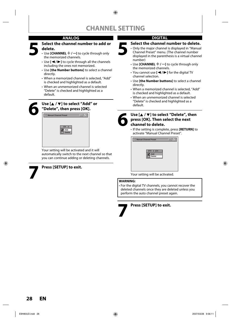 Channel setting | Philips Magnavox ZV450MW8A User Manual | Page 28 / 104