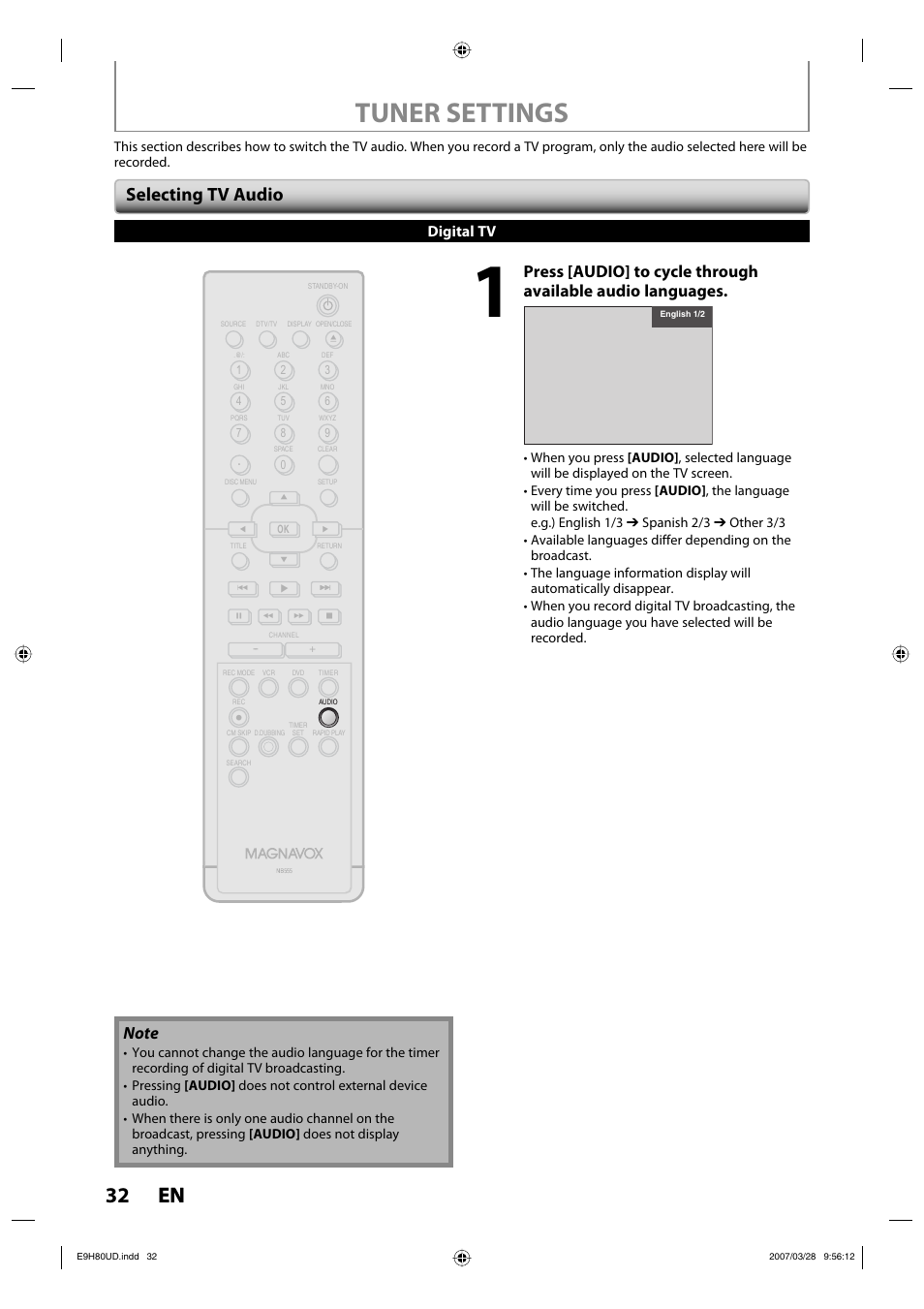 Tuner settings, 32 en 32 en, Selecting tv audio | Digital tv | Philips Magnavox ZV450MW8A User Manual | Page 32 / 104