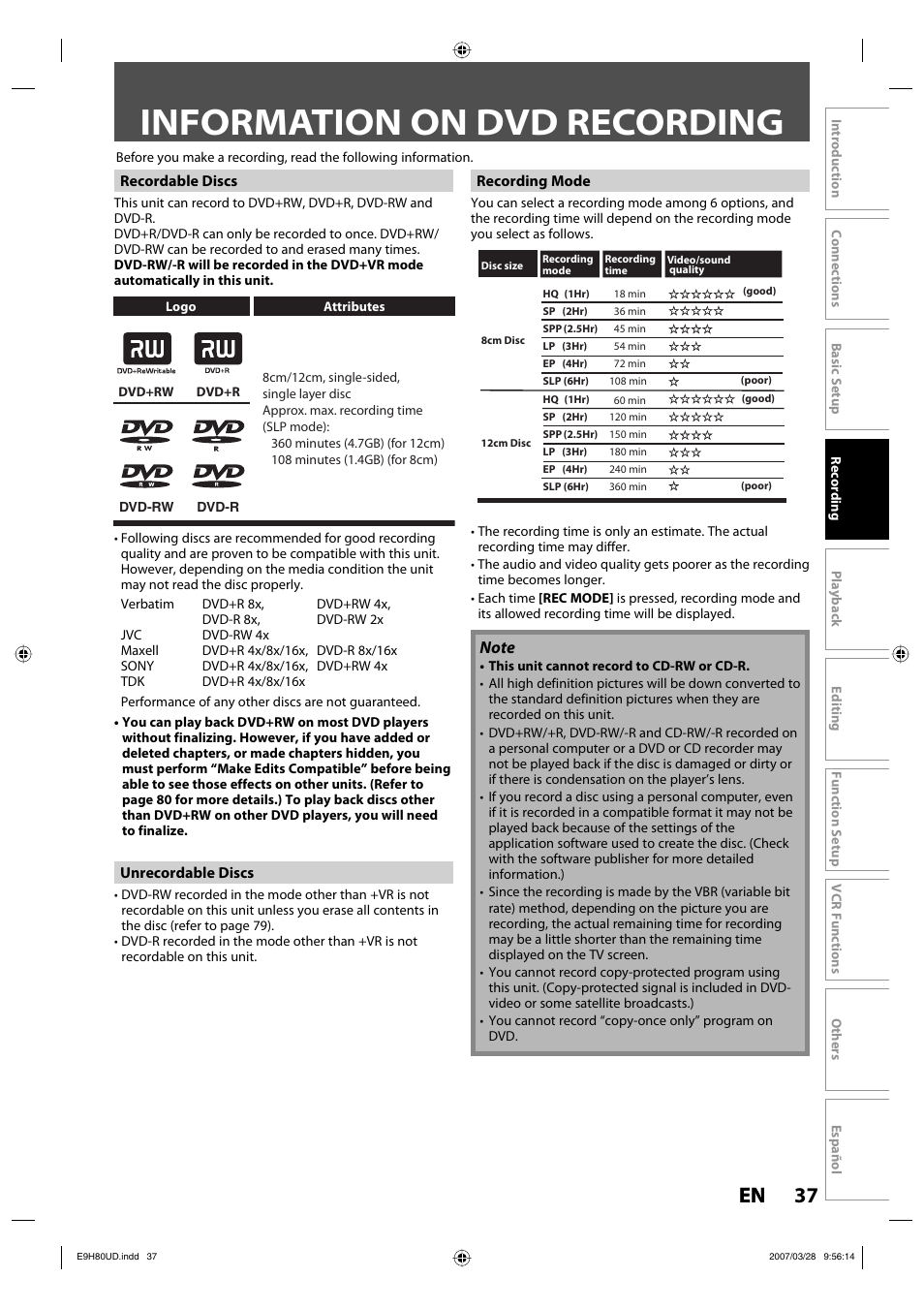 Information on dvd recording, 37 en 37 en | Philips Magnavox ZV450MW8A User Manual | Page 37 / 104