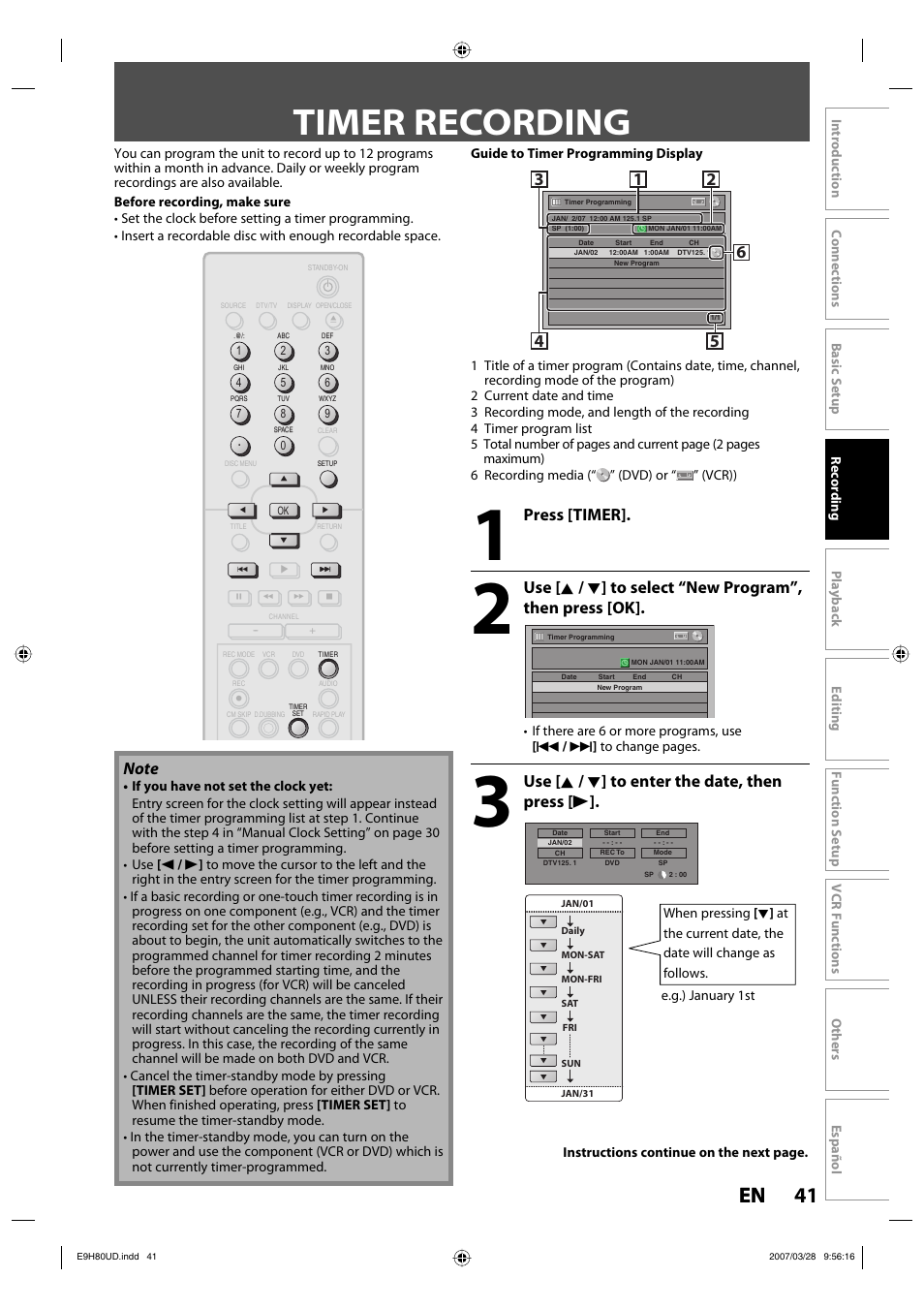 Timer recording, 41 en 41 en, Press [timer | Use [ k / l ] to enter the date, then press [ b | Philips Magnavox ZV450MW8A User Manual | Page 41 / 104