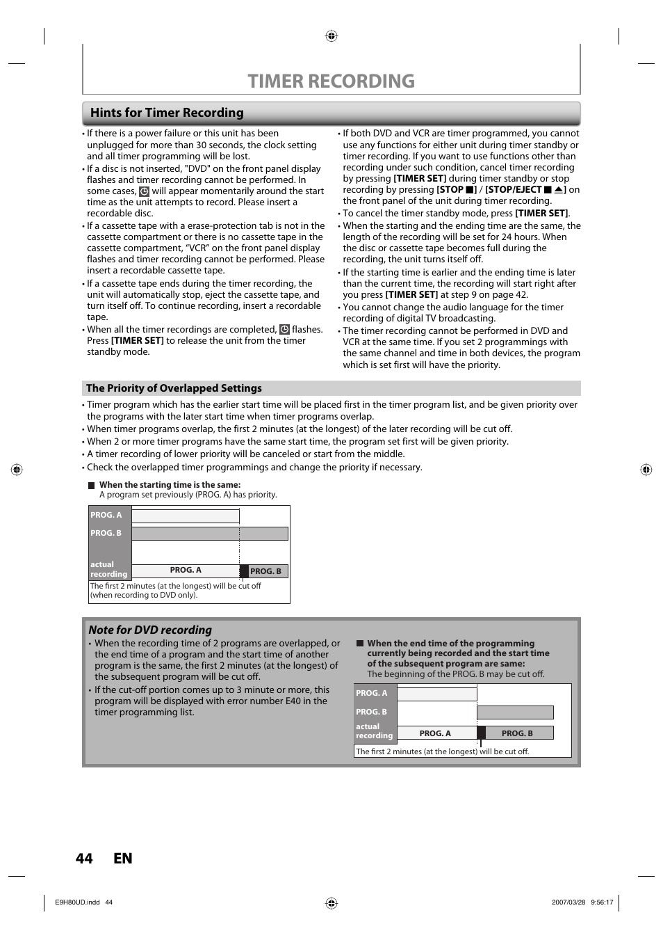 Timer recording, 44 en 44 en, Hints for timer recording | Philips Magnavox ZV450MW8A User Manual | Page 44 / 104