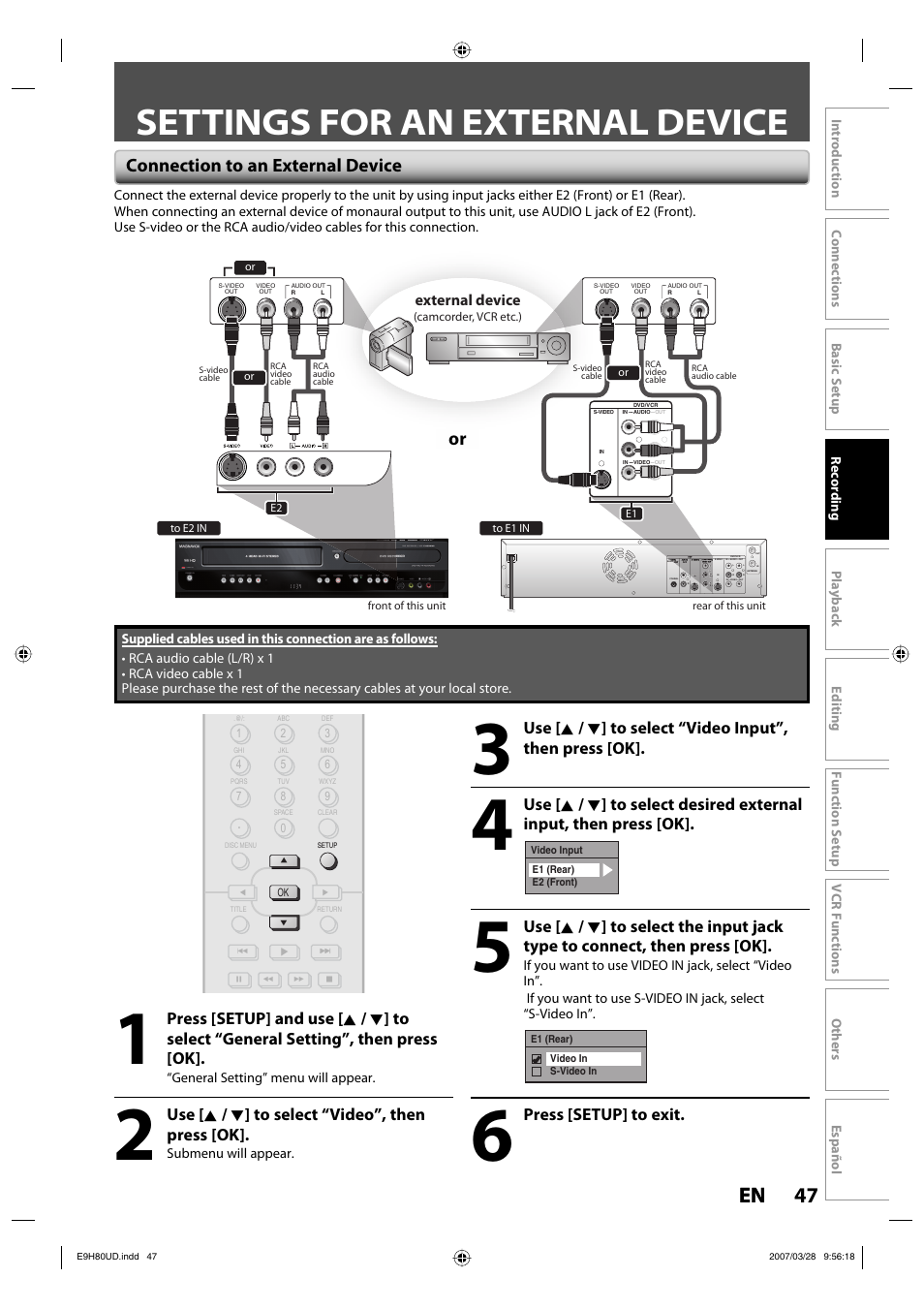 Settings for an external device, 47 en 47 en, Connection to an external device | Press [setup] to exit, Use [ k / l ] to select “video”, then press [ok, External device | Philips Magnavox ZV450MW8A User Manual | Page 47 / 104