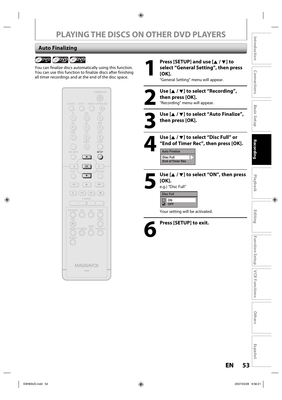 Playing the discs on other dvd players, 53 en 53 en, Auto finalizing | Philips Magnavox ZV450MW8A User Manual | Page 53 / 104