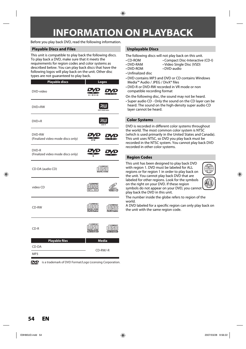 Information on playback, 54 en 54 en | Philips Magnavox ZV450MW8A User Manual | Page 54 / 104