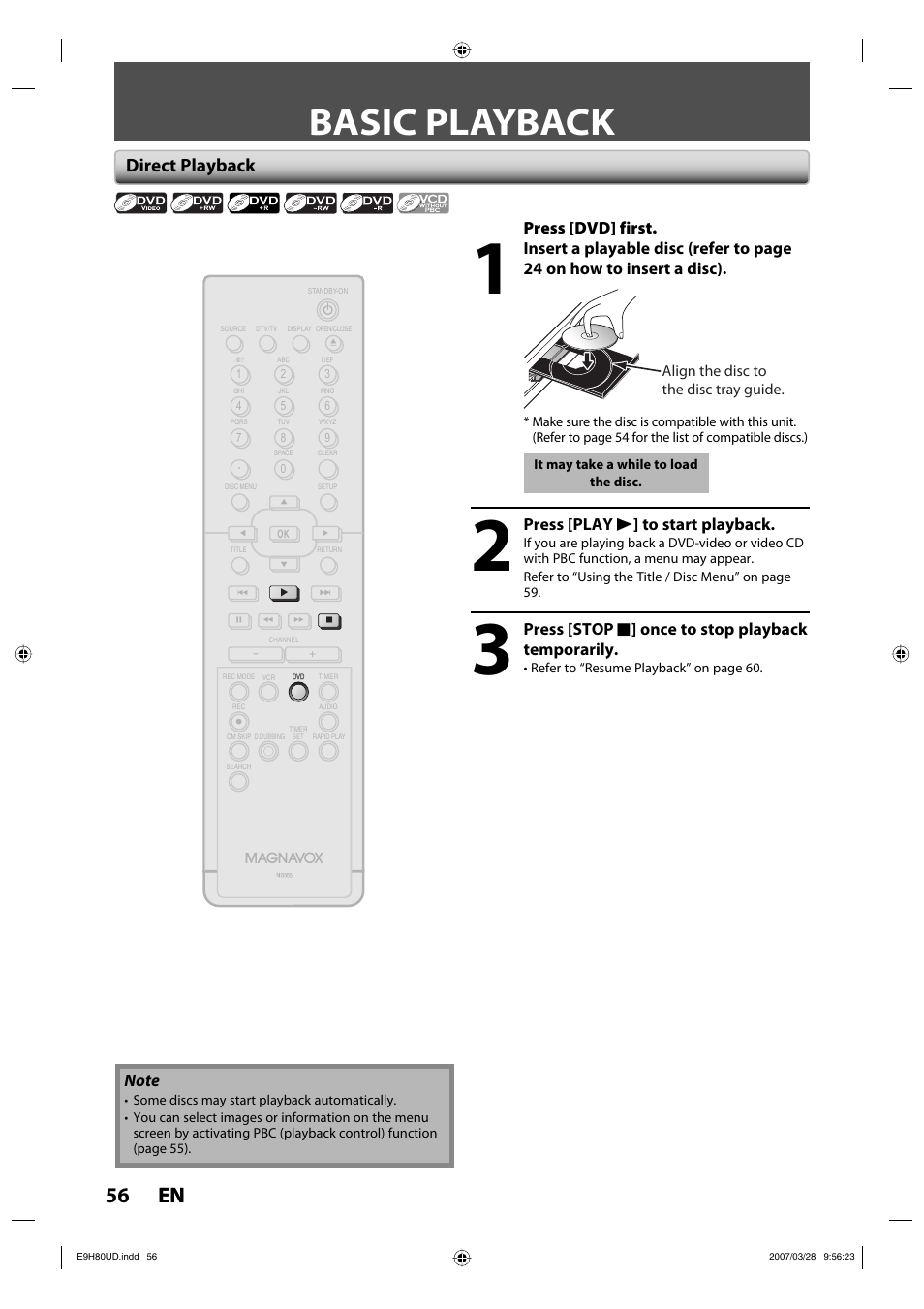 Basic playback, 56 en 56 en, Direct playback | Press [dvd] first, Press [play b ] to start playback, Press [stop c ] once to stop playback temporarily | Philips Magnavox ZV450MW8A User Manual | Page 56 / 104