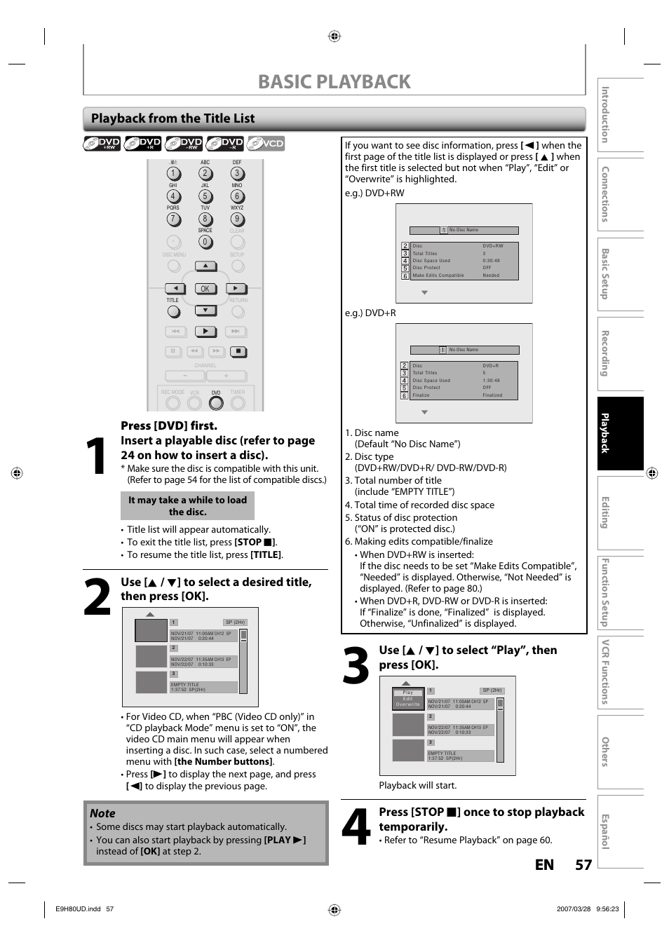 Basic playback, 57 en 57 en, Playback from the title list | Press [dvd] first, Use [ k / l ] to select “play”, then press [ok, Press [stop c ] once to stop playback temporarily | Philips Magnavox ZV450MW8A User Manual | Page 57 / 104