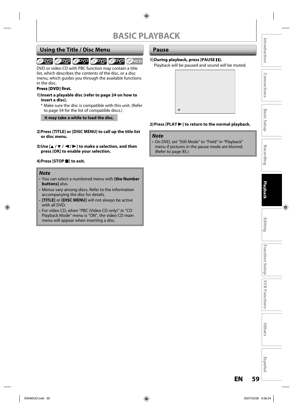 Basic playback, 59 en 59 en, Using the title / disc menu | Pause | Philips Magnavox ZV450MW8A User Manual | Page 59 / 104