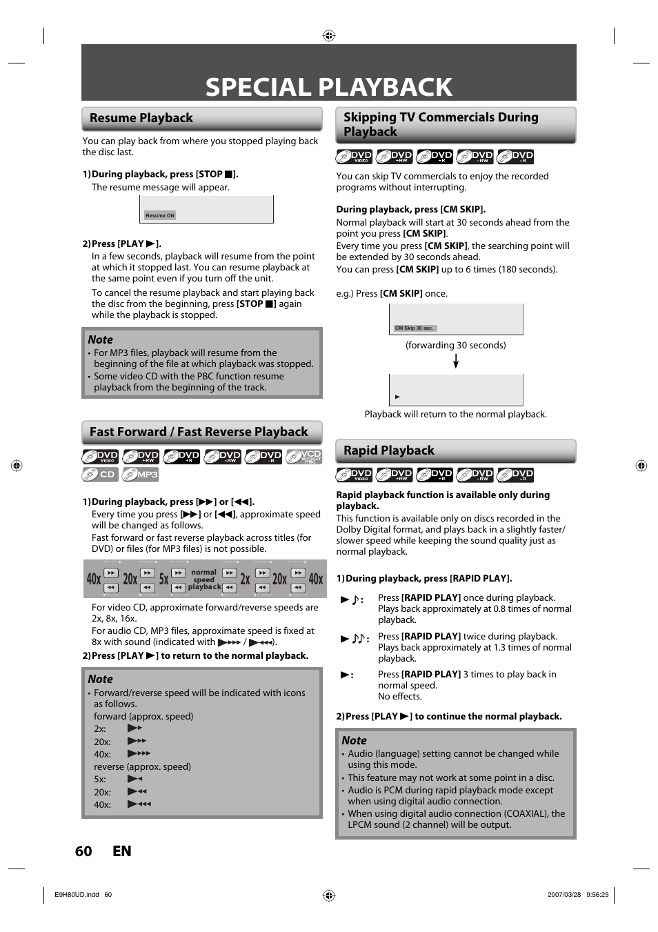 Special playback, 60 en 60 en, Resume playback | Rapid playback | Philips Magnavox ZV450MW8A User Manual | Page 60 / 104