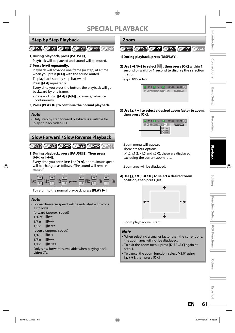 Special playback, 61 en 61 en, 1/8x | Step by step playback, Slow forward / slow reverse playback, Zoom | Philips Magnavox ZV450MW8A User Manual | Page 61 / 104