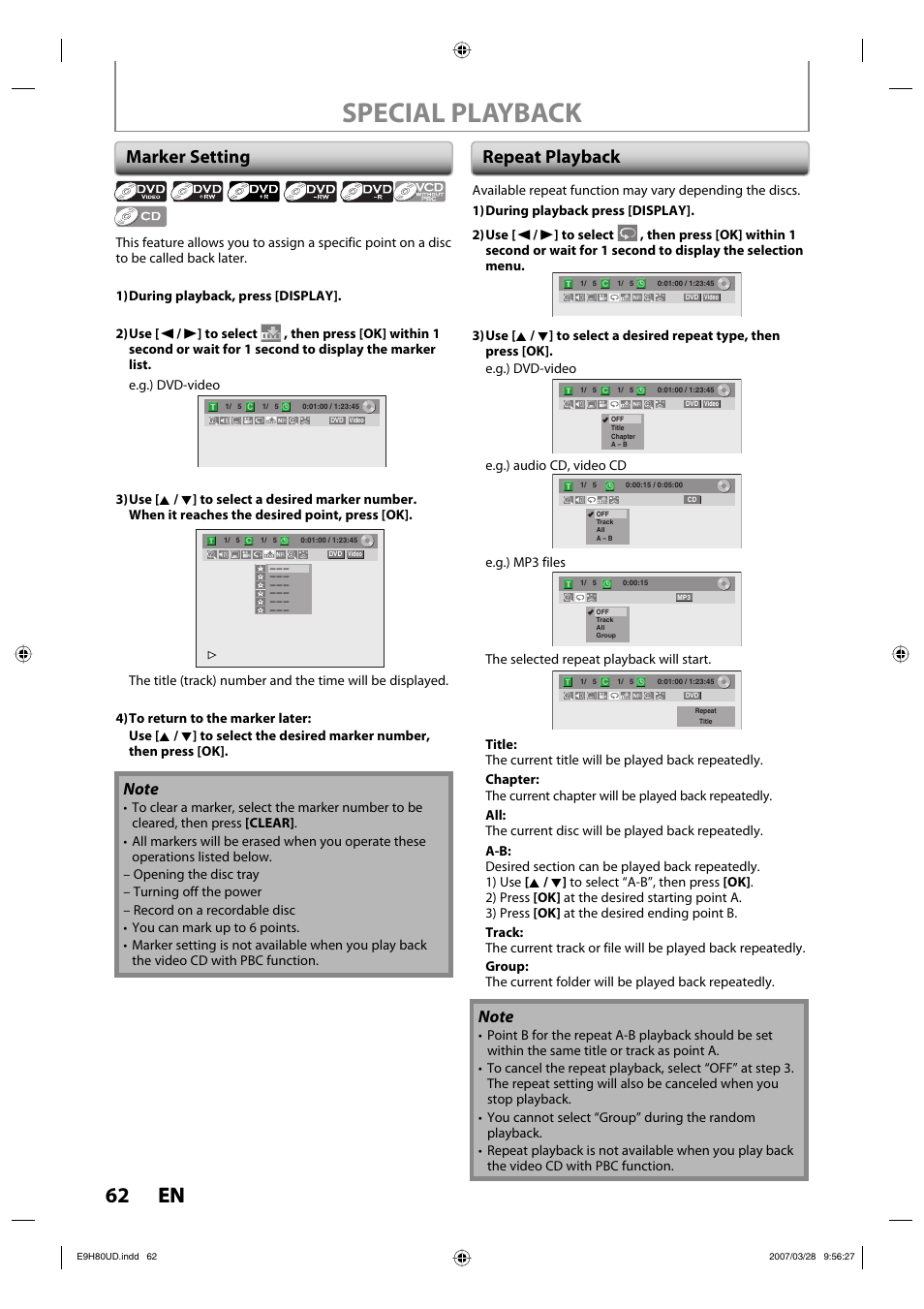 Special playback, 62 en 62 en, Marker setting | Repeat playback | Philips Magnavox ZV450MW8A User Manual | Page 62 / 104