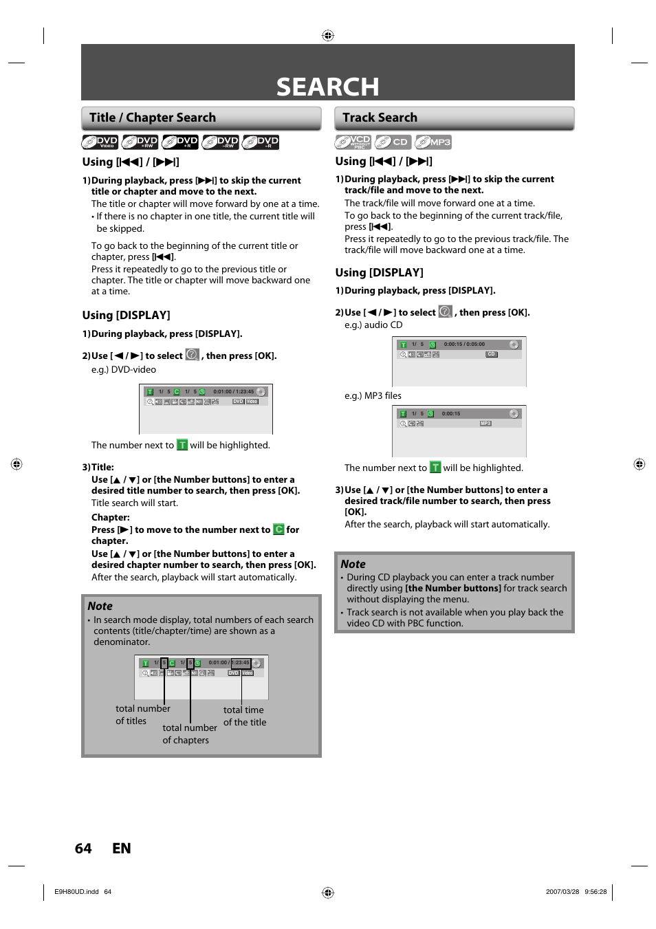 Search, 64 en 64 en, Title / chapter search | Track search | Philips Magnavox ZV450MW8A User Manual | Page 64 / 104