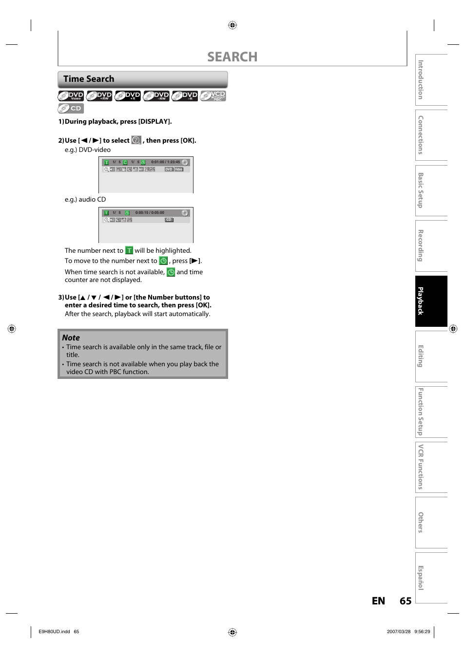 Search, 65 en 65 en, Time search | Philips Magnavox ZV450MW8A User Manual | Page 65 / 104