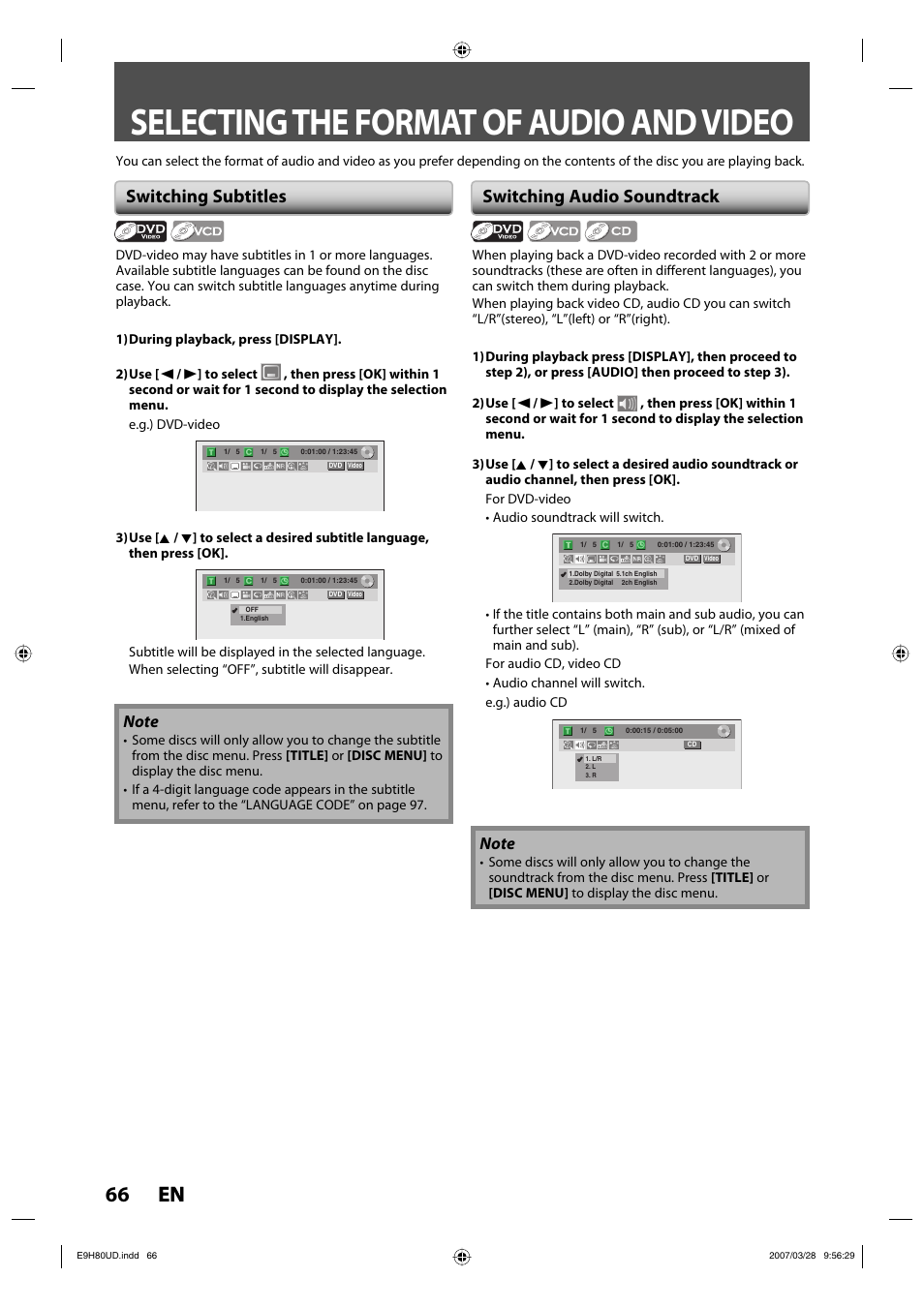 Selecting the format of audio and video, 66 en 66 en, Switching subtitles | Switching audio soundtrack | Philips Magnavox ZV450MW8A User Manual | Page 66 / 104