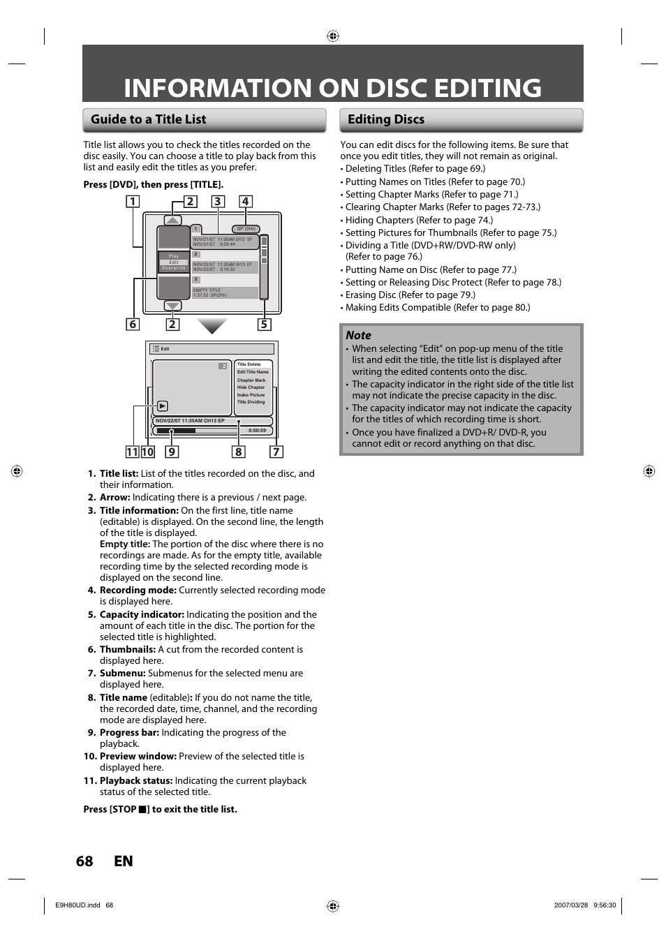 Information on disc editing, 68 en 68 en, Guide to a title list editing discs | Philips Magnavox ZV450MW8A User Manual | Page 68 / 104