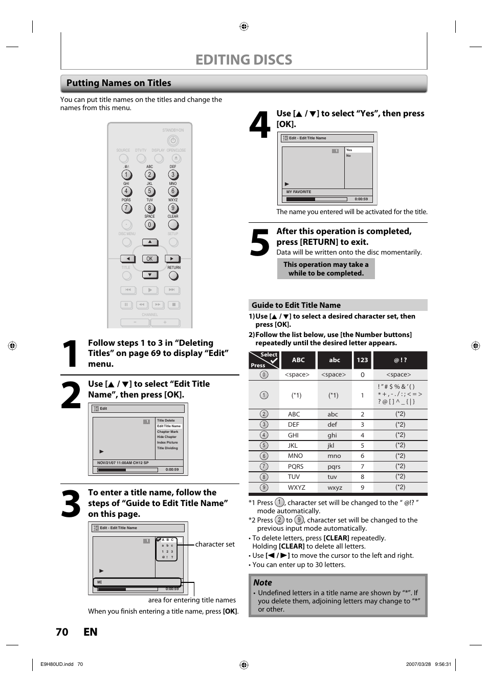 Editing discs, 70 en 70 en, Putting names on titles | Use [ k / l ] to select “yes”, then press [ok | Philips Magnavox ZV450MW8A User Manual | Page 70 / 104