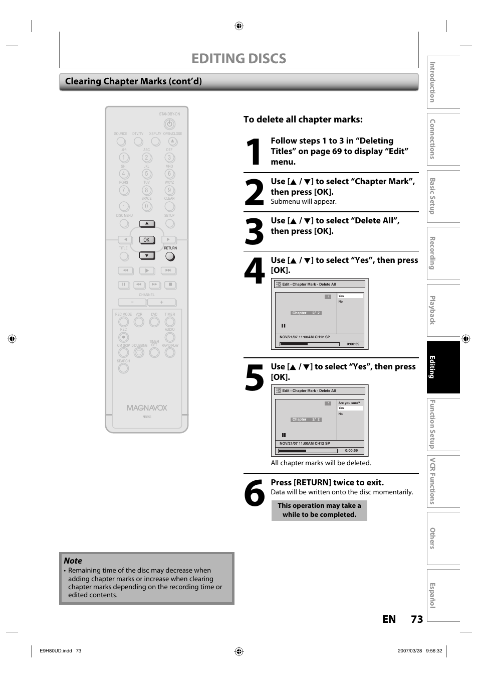 Editing discs, 73 en 73 en | Philips Magnavox ZV450MW8A User Manual | Page 73 / 104