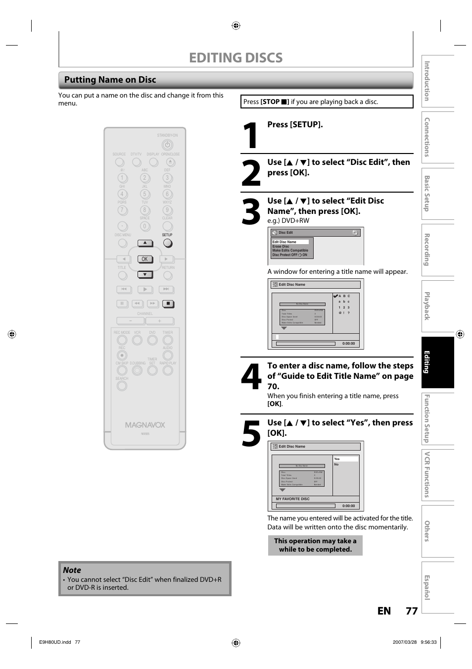 Editing discs, 77 en 77 en, Putting name on disc | Press [setup, Use [ k / l ] to select “yes”, then press [ok | Philips Magnavox ZV450MW8A User Manual | Page 77 / 104