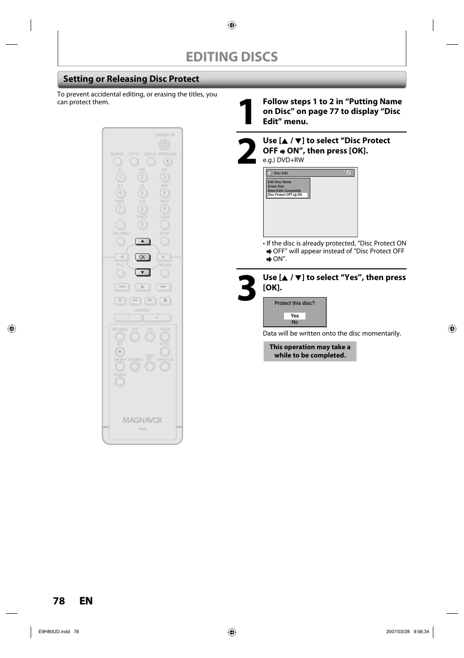 Editing discs, 78 en 78 en, Setting or releasing disc protect | Use [ k / l ] to select “yes”, then press [ok | Philips Magnavox ZV450MW8A User Manual | Page 78 / 104