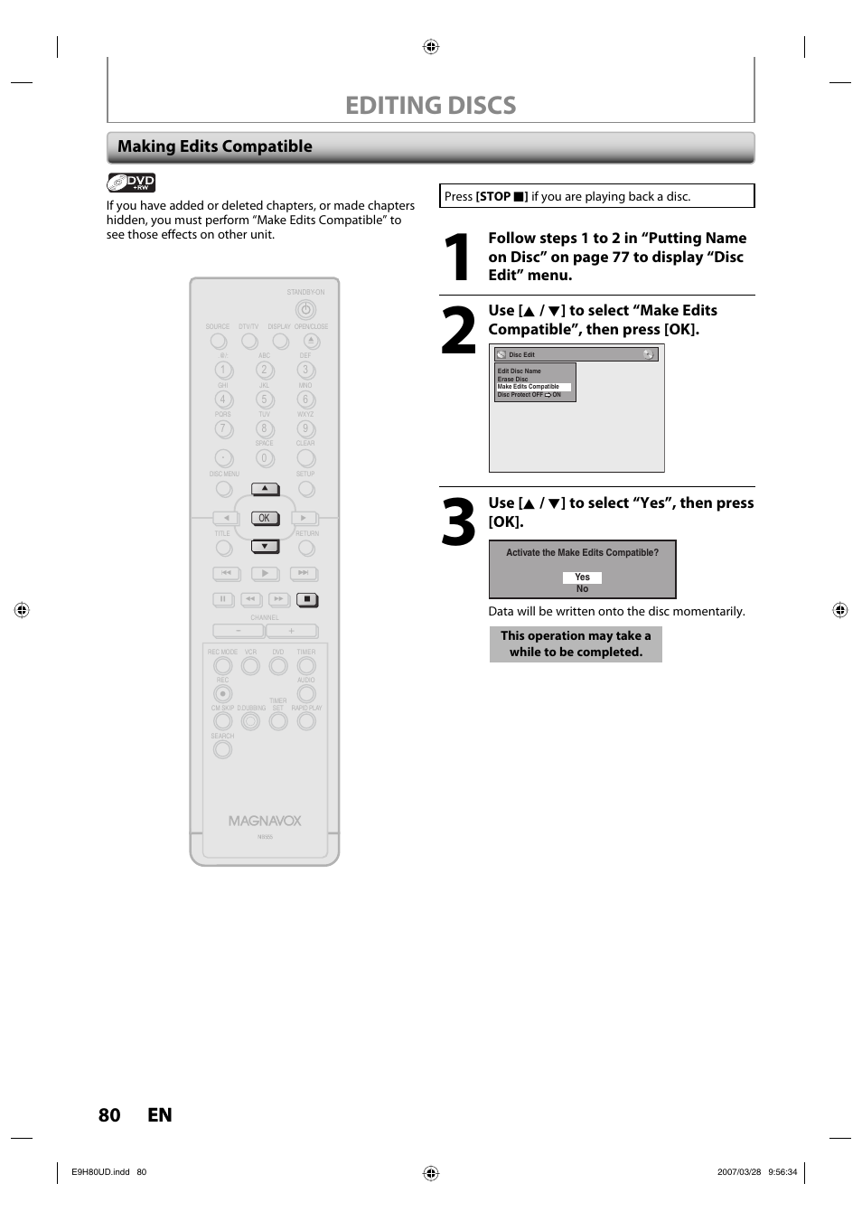 Editing discs, 80 en 80 en, Making edits compatible | Use [ k / l ] to select “yes”, then press [ok | Philips Magnavox ZV450MW8A User Manual | Page 80 / 104