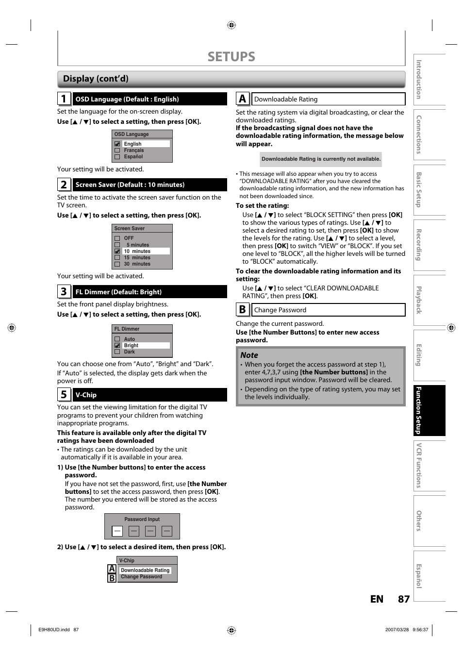 Setups, 87 en 87 en, Display (cont’d) | Philips Magnavox ZV450MW8A User Manual | Page 87 / 104