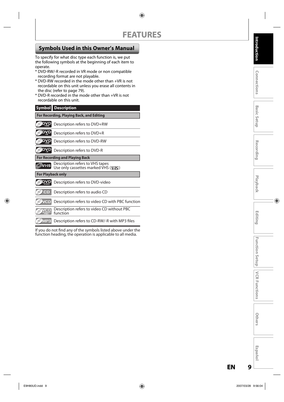 Features, 9en 9 en, Symbols used in this owner’s manual | Philips Magnavox ZV450MW8A User Manual | Page 9 / 104