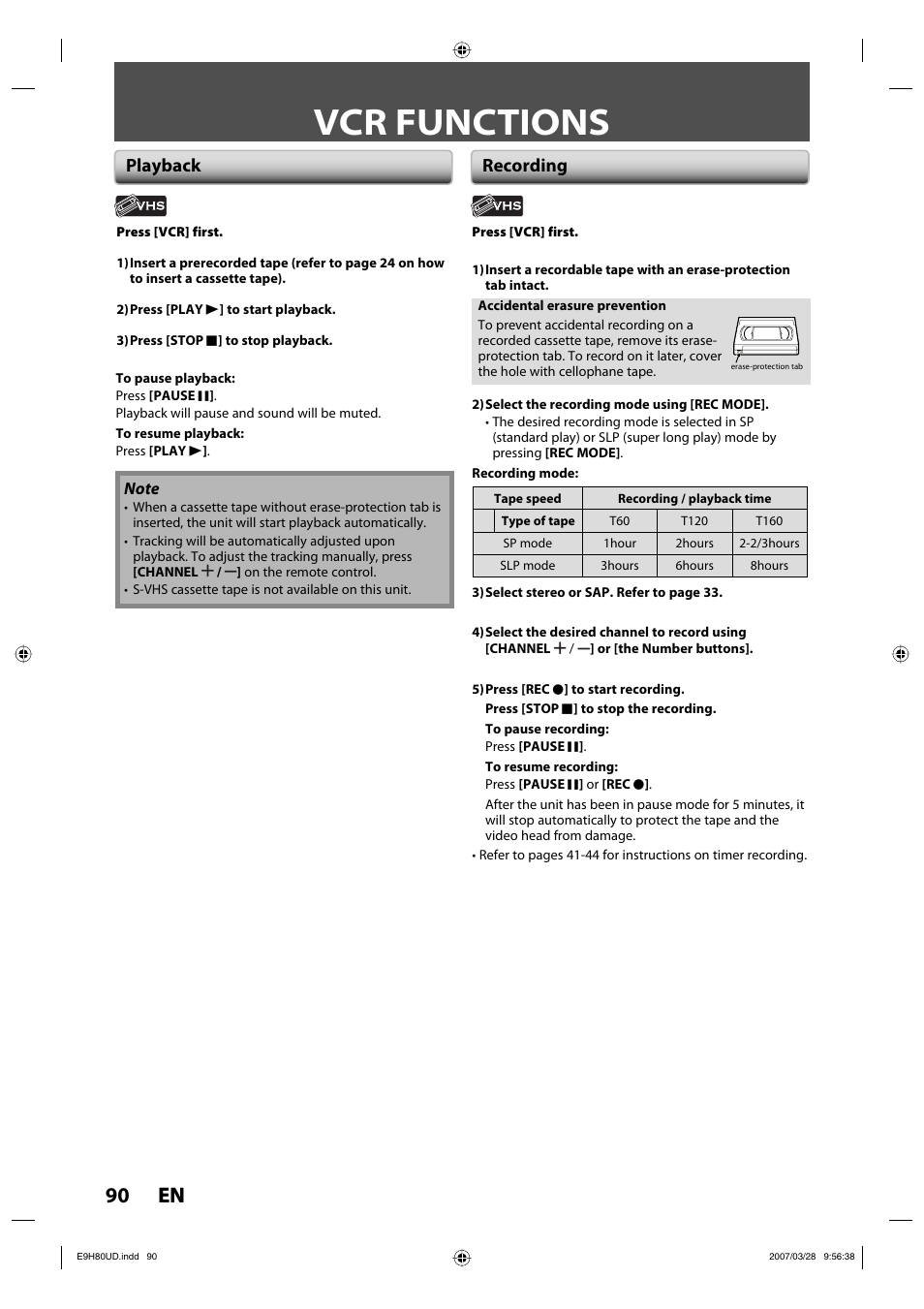 Vcr functions, 90 en 90 en, Playback recording | Philips Magnavox ZV450MW8A User Manual | Page 90 / 104