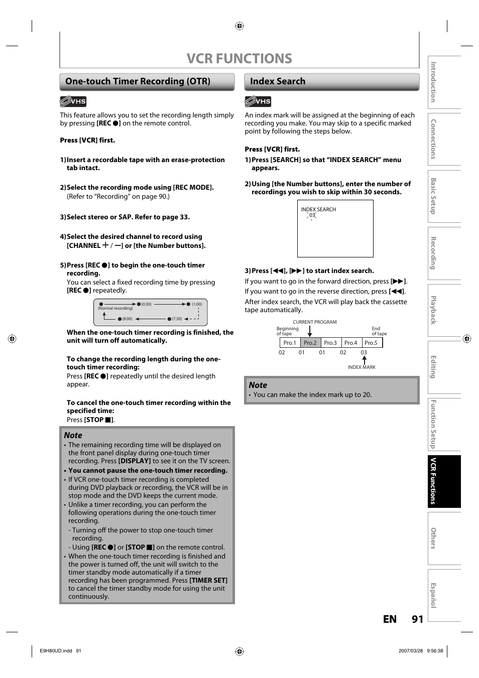 Vcr functions, 91 en 91 en, One-touch timer recording (otr) index search | Philips Magnavox ZV450MW8A User Manual | Page 91 / 104