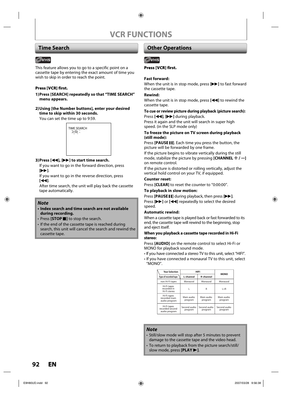 Vcr functions, 92 en 92 en, Time search other operations | Philips Magnavox ZV450MW8A User Manual | Page 92 / 104