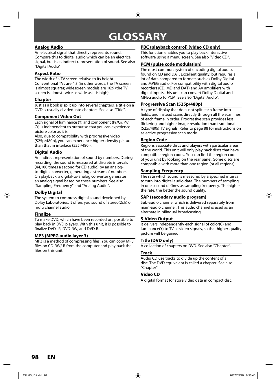 Glossary, 98 en | Philips Magnavox ZV450MW8A User Manual | Page 98 / 104