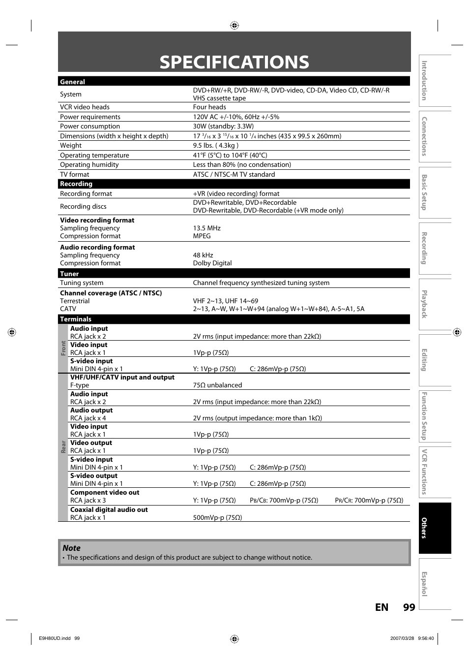 Specifications, 99 en | Philips Magnavox ZV450MW8A User Manual | Page 99 / 104