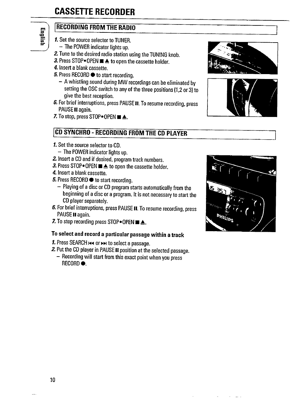 Recording from the radio, Cd synchro - recording from the cd player, Cassehe recorder | Philips AZ100217 User Manual | Page 2 / 7
