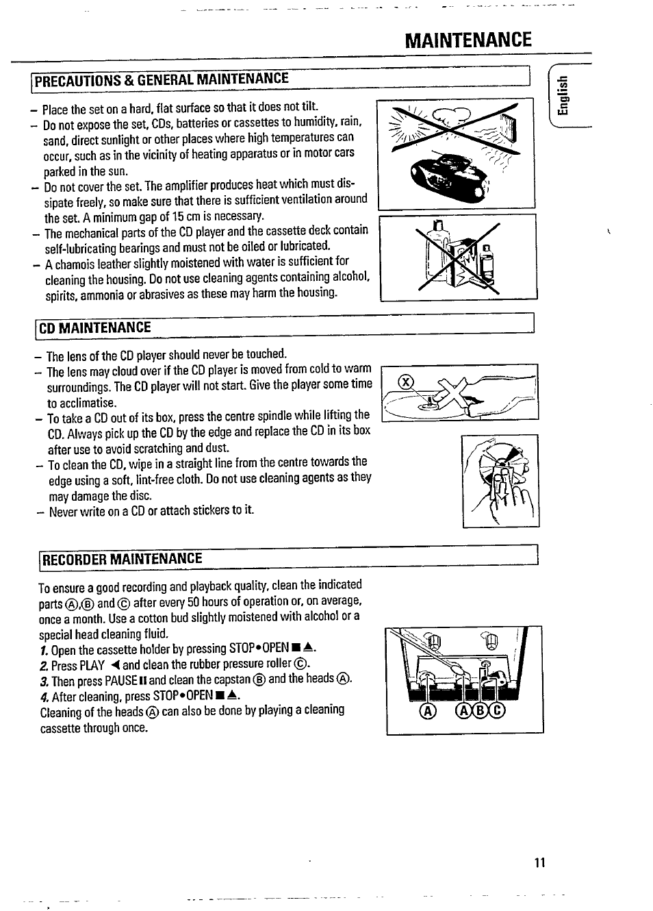 Maintenance, Precautions & general maintenance, Cd maintenance | Recorder maintenance | Philips AZ100217 User Manual | Page 3 / 7