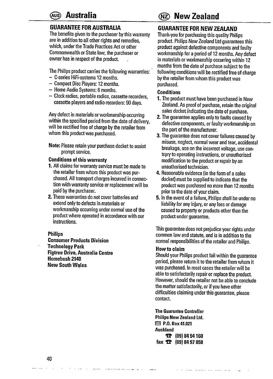 Australia new zealand, Conditions of this warranty 1, Conditions 1 | Howto claim, Guarantee for austraua, Guarantee for new zealand | Philips AZ100217 User Manual | Page 5 / 7