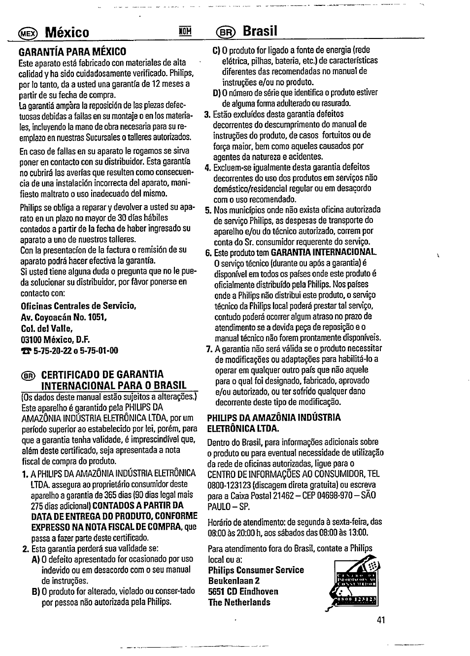 México, Br) brasil, Garantia internacional | Phiups da amazonia indùstria eletronica ltda, Garantía para mexico | Philips AZ100217 User Manual | Page 6 / 7