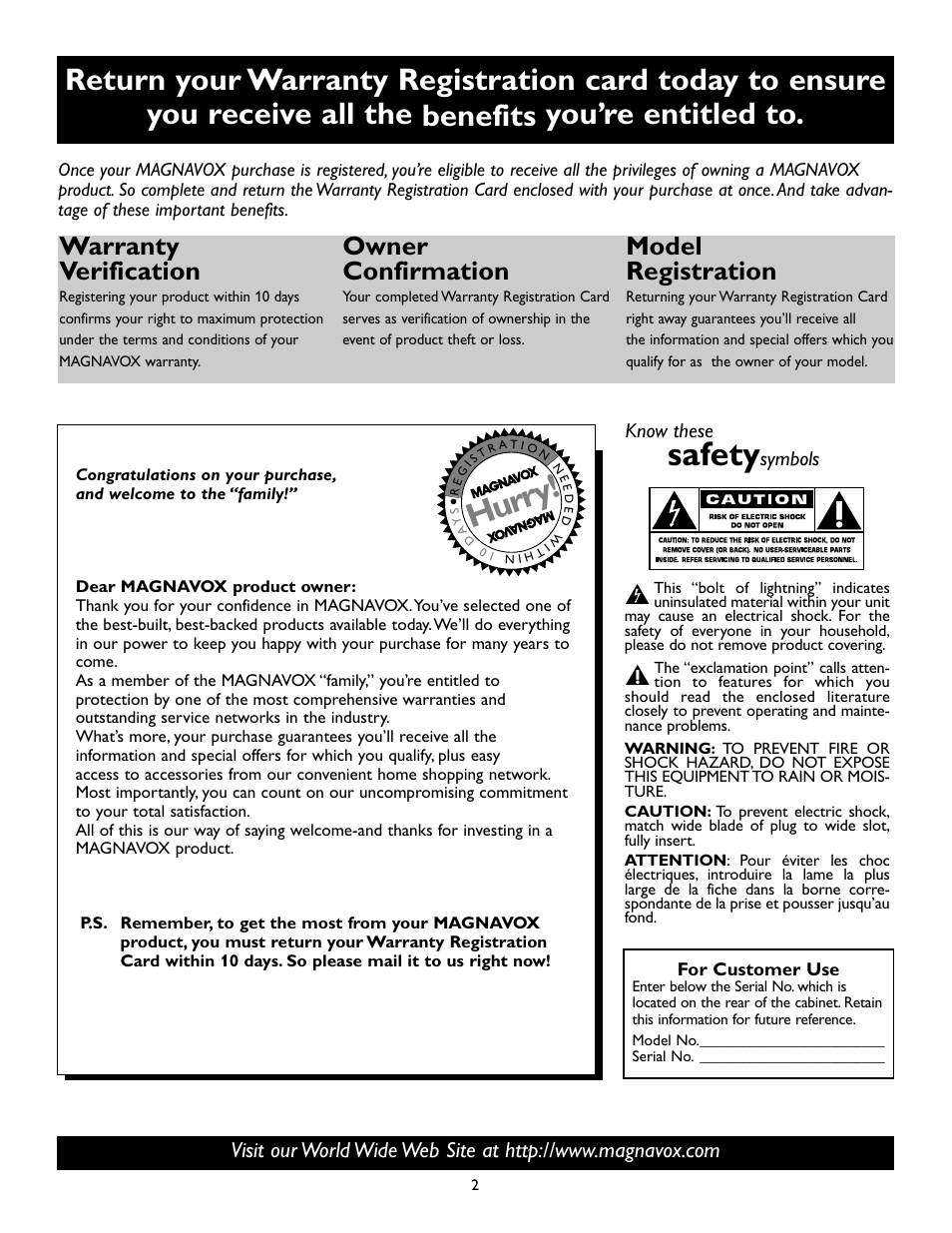 Safety, Hurry, Warranty verification | Owner confirmation, Model registration | Philips Magnavox 20MS334R User Manual | Page 2 / 36