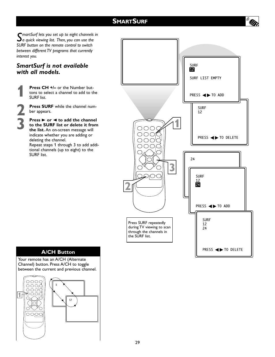 Smartsurf is not available with all models, Mart, A/ch button | Press surf while the channel num- ber appears | Philips Magnavox 20MS334R User Manual | Page 29 / 36