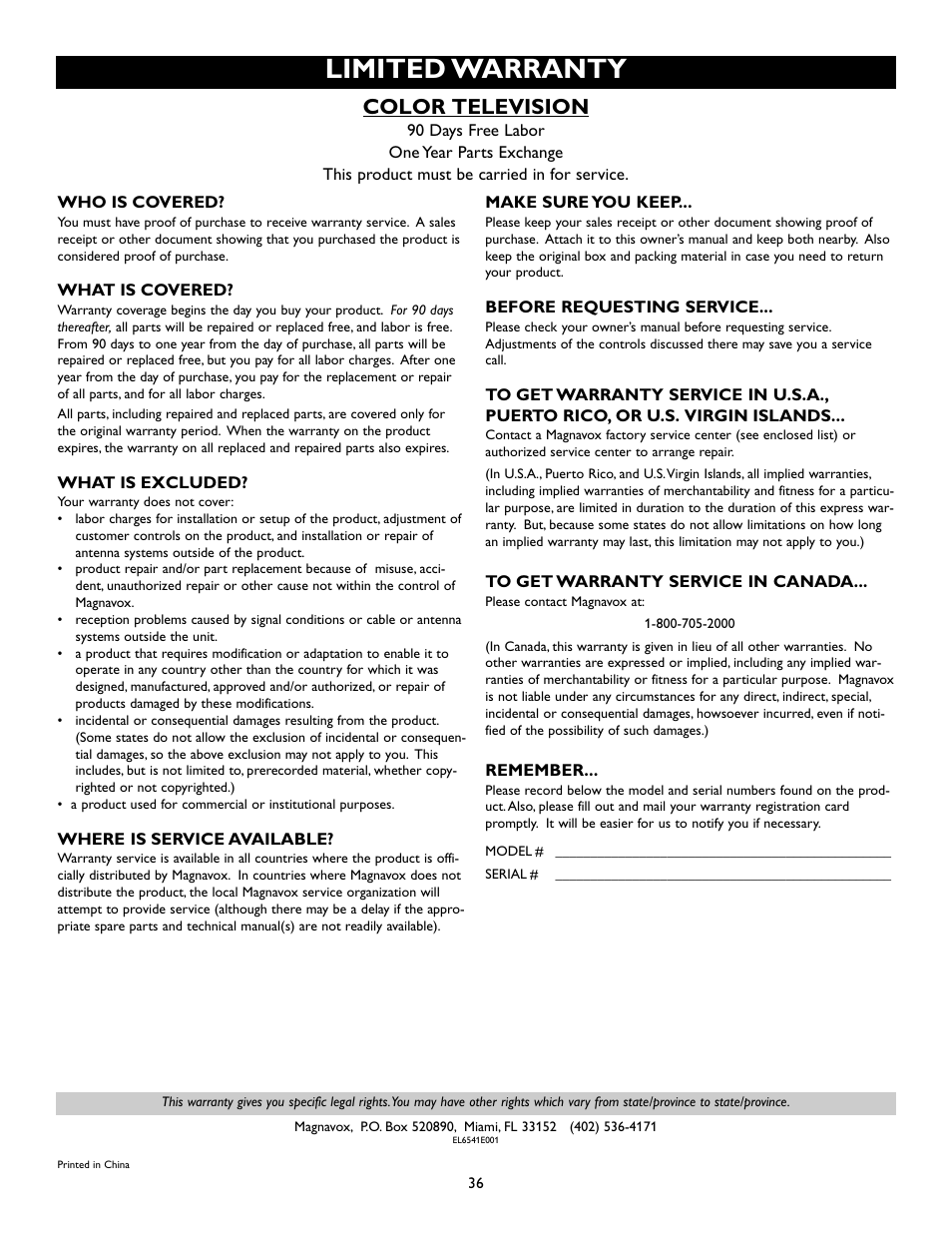 Limited warranty, Color television | Philips Magnavox 20MS334R User Manual | Page 36 / 36