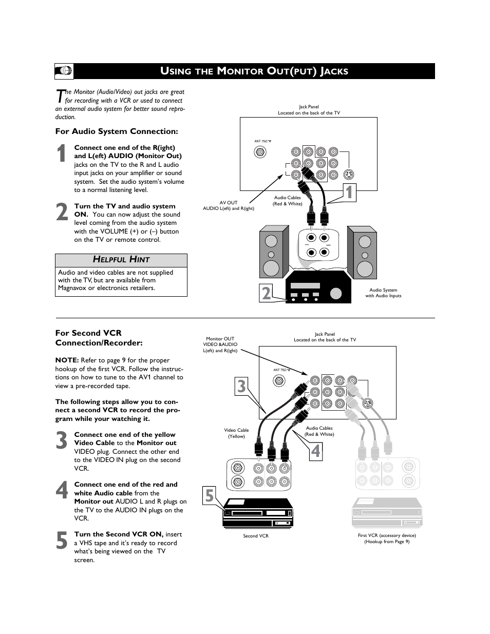 For audio system connection, For second vcr connection/recorder, Sing the | Onitor, Acks | Philips Magnavox 27MS3404R User Manual | Page 12 / 40