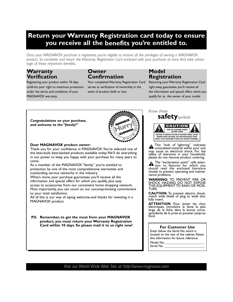 Safety, Hurry, Warranty verification | Owner confirmation, Model registration | Philips Magnavox 27MS3404R User Manual | Page 2 / 40