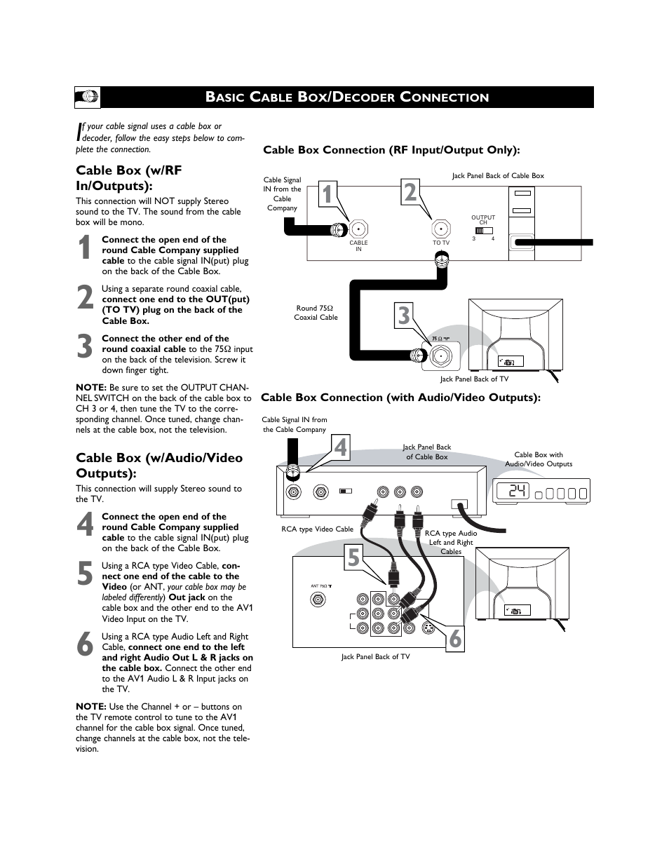 Cable box (w/rf in/outputs), Cable box (w/audio/video outputs) | Philips Magnavox 27MS3404R User Manual | Page 8 / 40