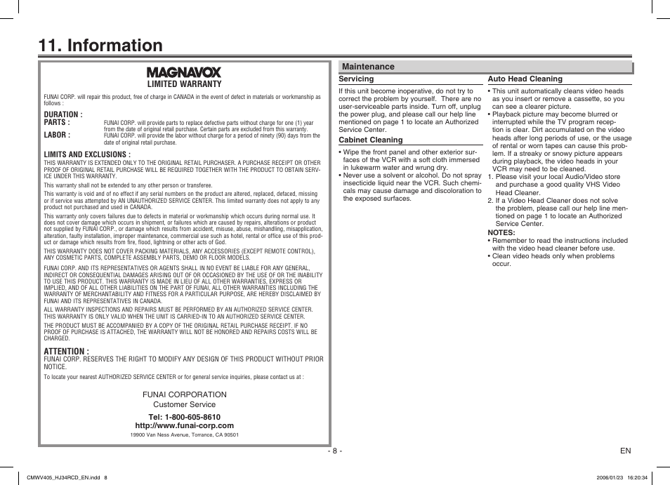 Information | Philips Magnavox CMWV405 User Manual | Page 8 / 8