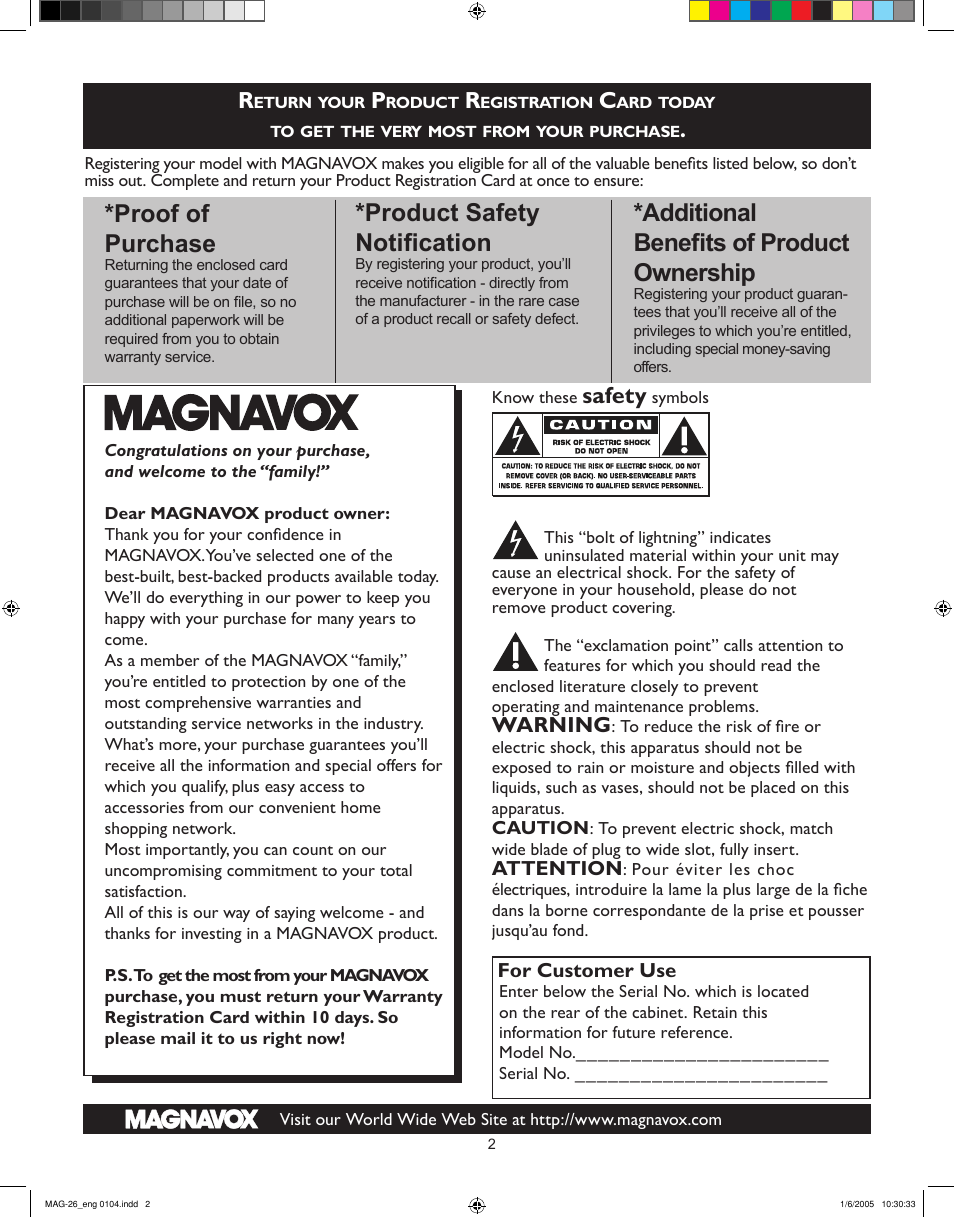 Proof of purchase, Product safety notiﬁcation, Additional beneﬁts of product ownership | Safety | Philips Magnavox 26MF605W Series User Manual | Page 2 / 40