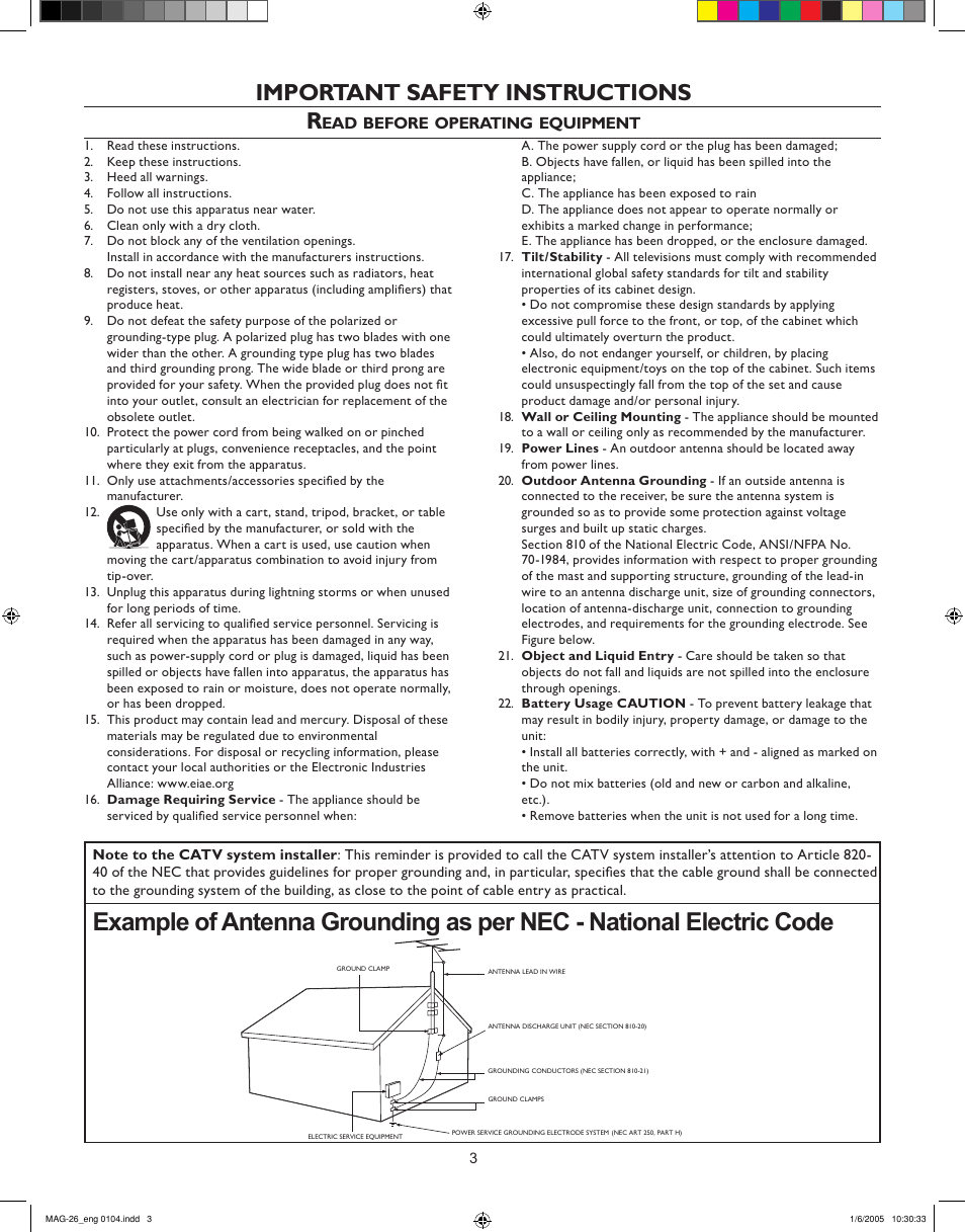Important safety instructions r | Philips Magnavox 26MF605W Series User Manual | Page 3 / 40
