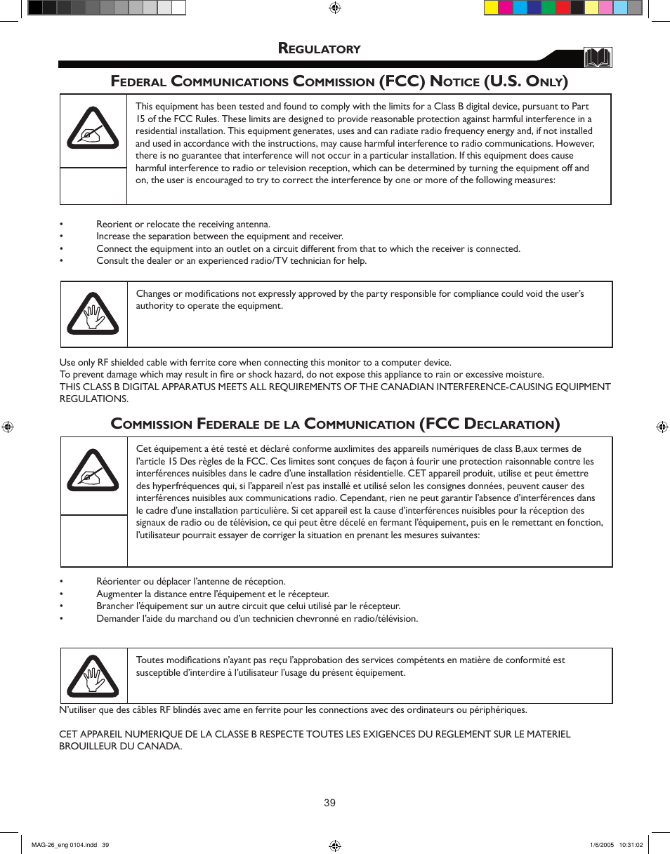 Fcc) n, U.s. o, Fcc d | Philips Magnavox 26MF605W Series User Manual | Page 39 / 40